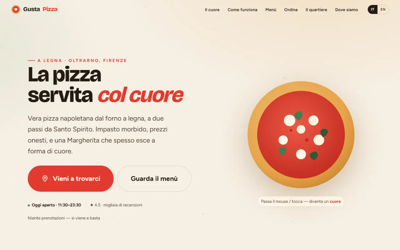 La home del sito demo di GustaPizza